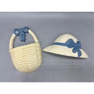 Vtg 2 Pc Wall Pocket Hanging Basket Hat Blue Bow Cottage‎ Country Decor